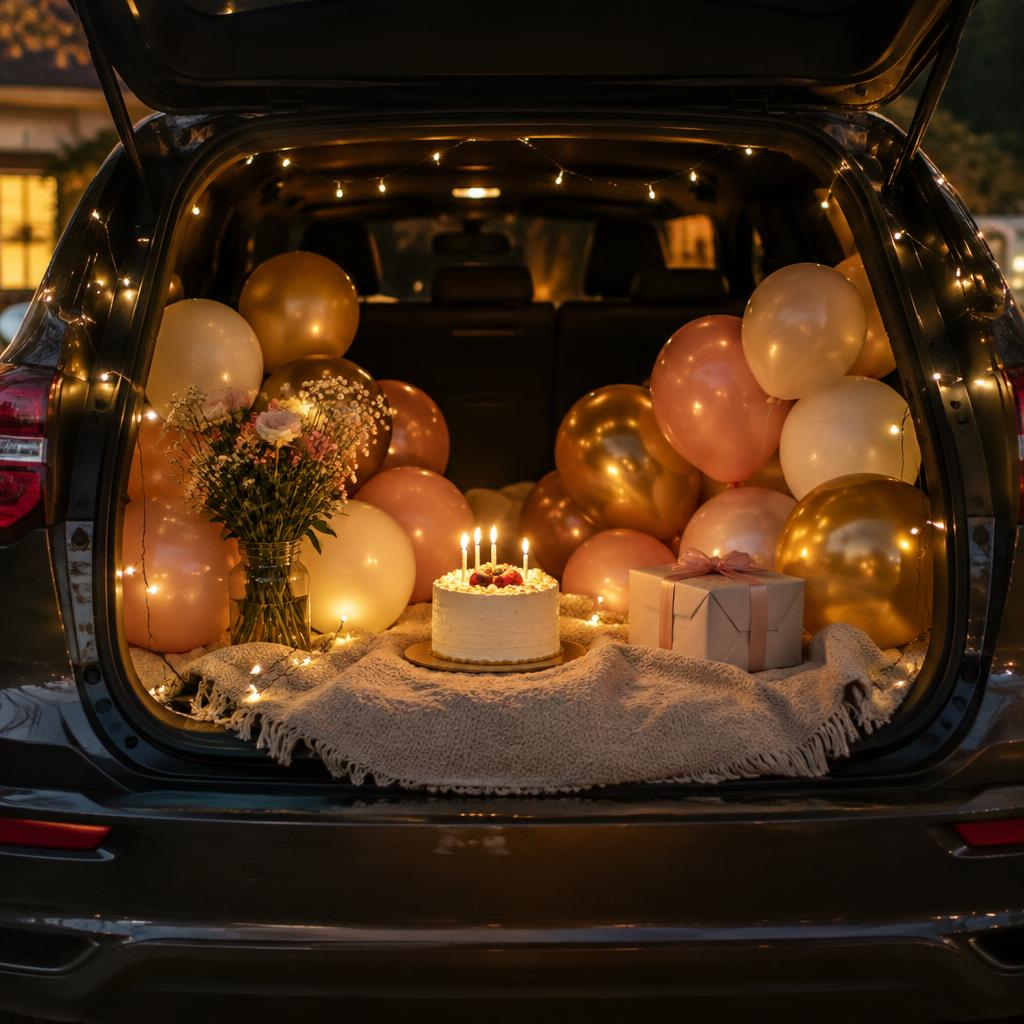 Car boot decorated with balloons, lights and a birthday cake