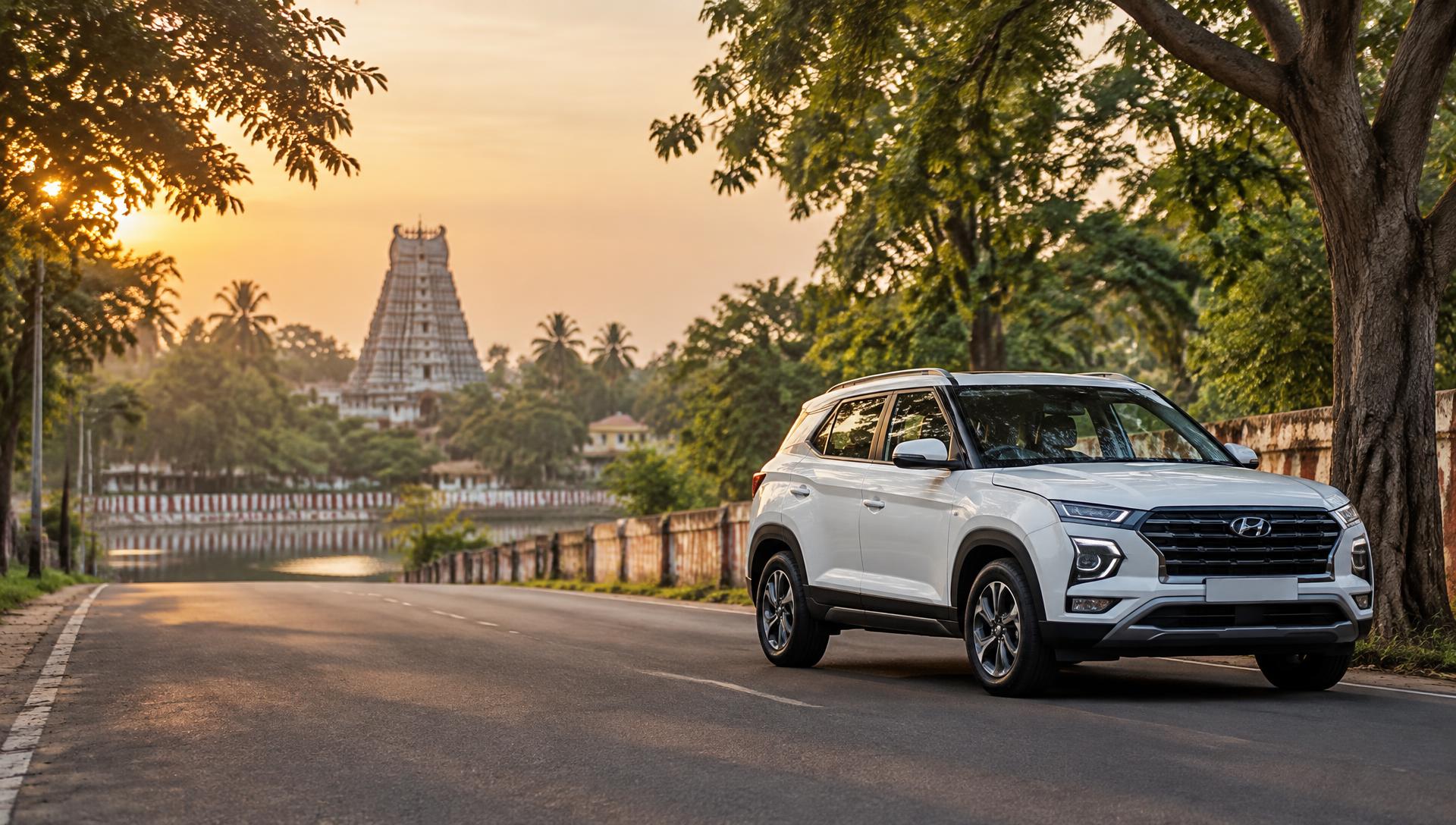 White SUV on a tree-lined road in Trichy with the Srirangam temple tower in the distance